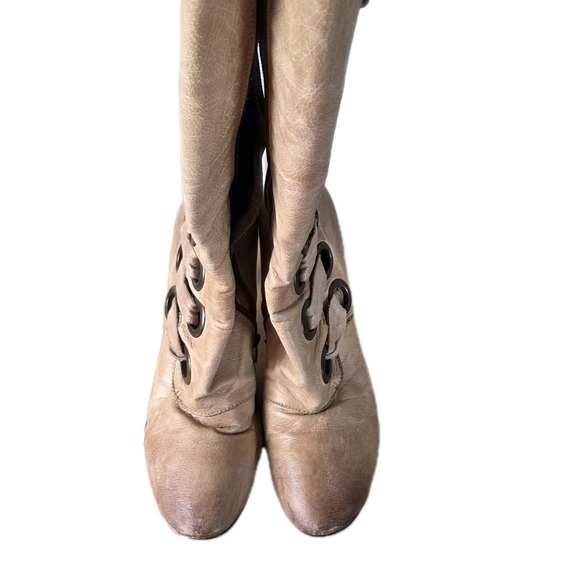 VTG Tan Leather Side Lace Up Heeled Vintage Boots Size 8 Carson Chocolate Blue - Picture 7 of 16